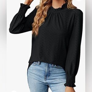 NEW Black Round Ruffle Neck Women’s Long Lantern Sleeved Dressy Blouse 2XL